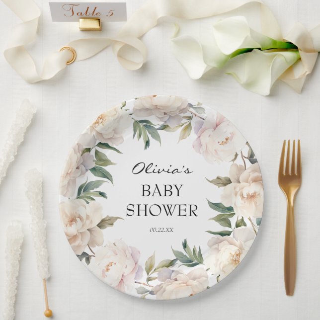Plato De Papel Neutral Peony Wreath Garden Baby Shower (Boda)