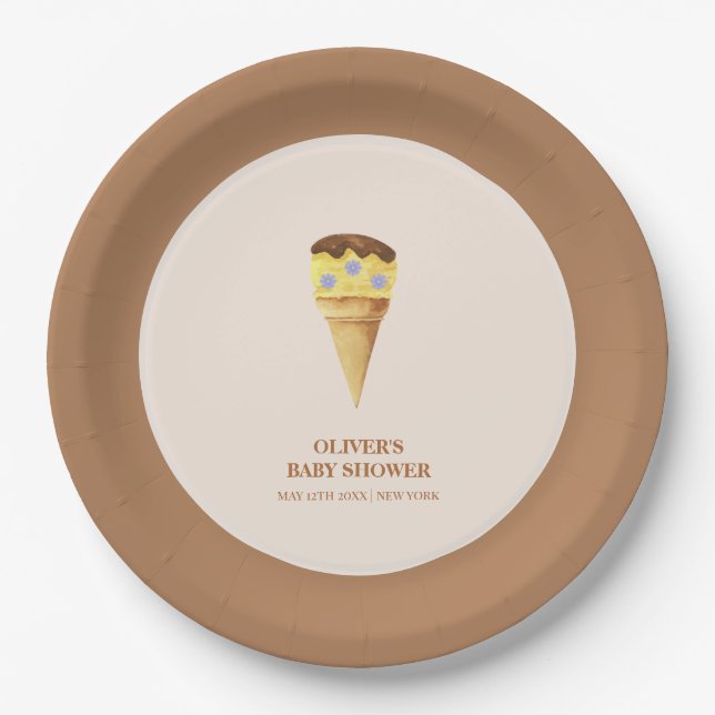Plato De Papel Neutral Summer Scoop Ice Cream Boy Baby Shower (Anverso)