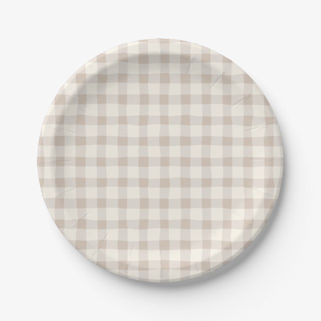 Plato De Papel Neutral Tan Gingham (Anverso)