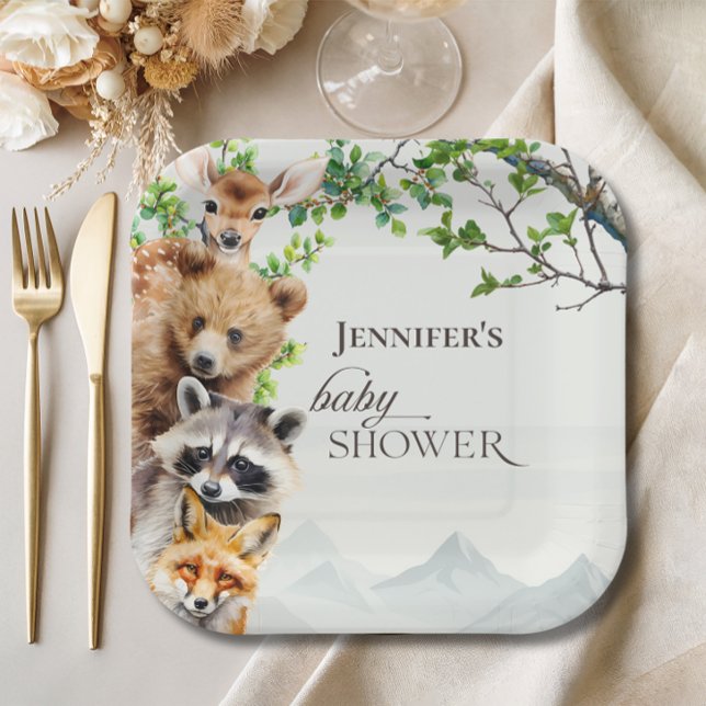 Plato De Papel Neutral Woodland Wildlife Baby Shower Party Table (Subido por el creador)