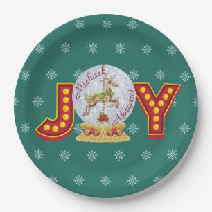 Plato De Papel Nevada vintage de Navidad globo de renos copos de 