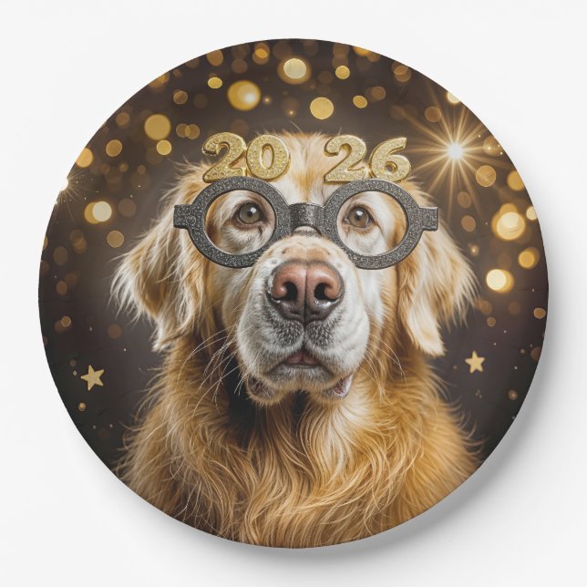 Plato De Papel New Year 2026 Golden Retriever Humor (Anverso)