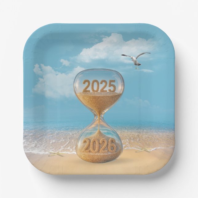 Plato De Papel New Year 2026 Sand Timer With Starfish (Anverso)