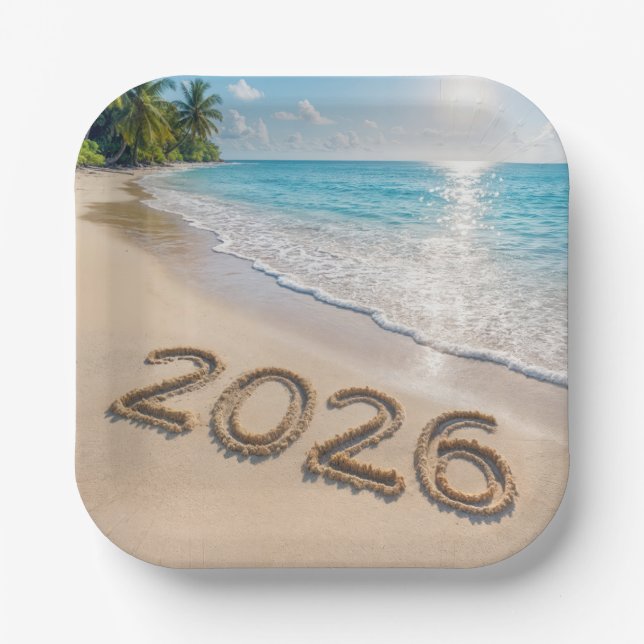 Plato De Papel New Year 2026 Text On a Tropical Beach (Anverso)