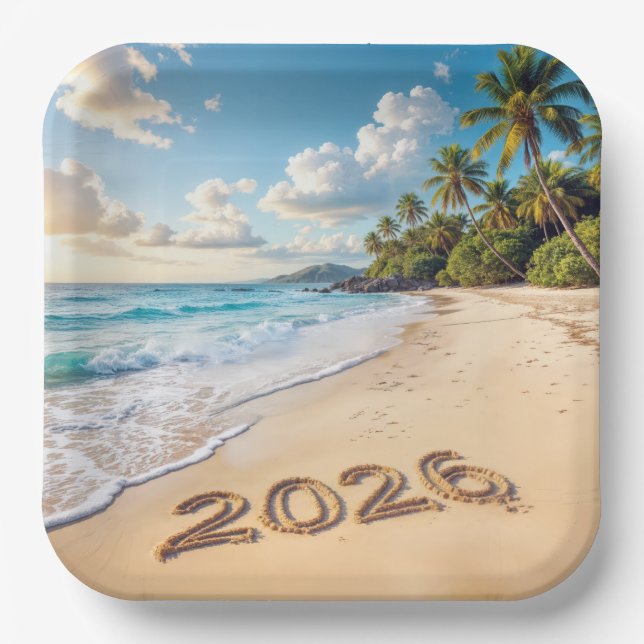 Plato De Papel New Year 2026 Tropical Island Beach Scene (Anverso)