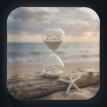 Plato De Papel New Year 2027 Beach Hourglass<br><div class="desc">A sand timer sits on a weathered driftwood log by the beach,  showing the years 2026 and 2027,  next to a white starfish,  as a serene ocean and sky stretch out in the background.</div>