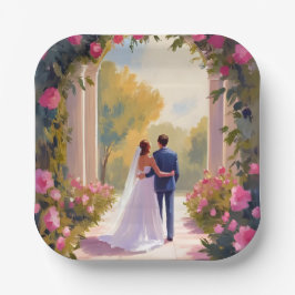 Plato De Papel Newlyweds Bride & Groom Wedding Painting