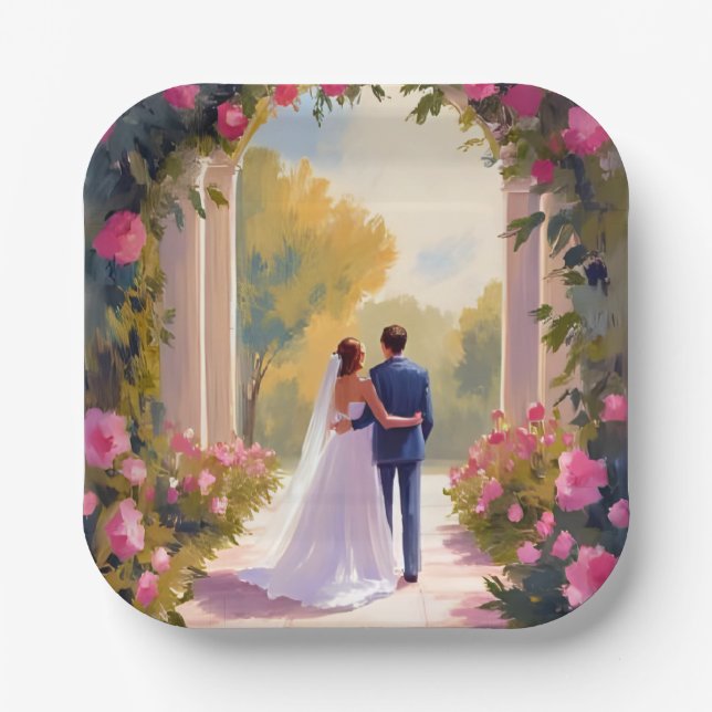 Plato De Papel Newlyweds Bride & Groom Wedding Painting (Anverso)