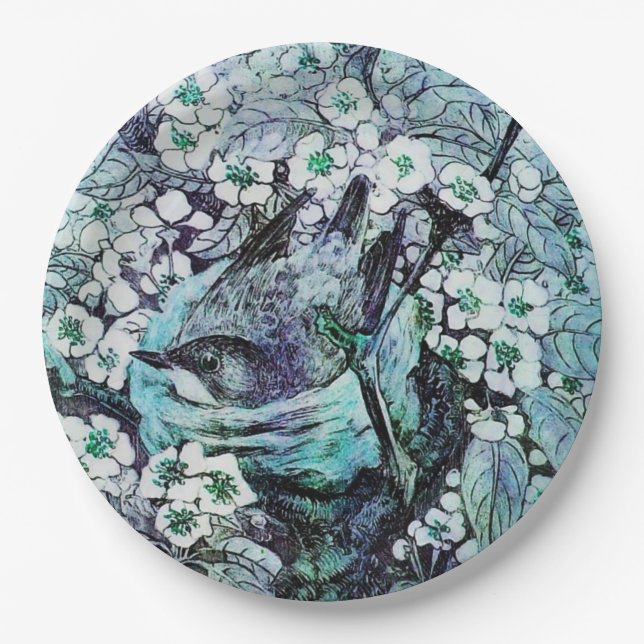 Plato De Papel NIDO DE PÁJARO ENTRE FLORES DE PRIMAVERA ,Blanco,A (Anverso)