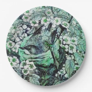 Plato De Papel NIDO DE PÁJARO ENTRE FLORES DE PRIMAVERA ,Blanco V