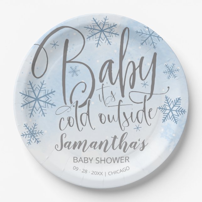 Plato De Papel Nieve, bebé, hace frío fuera de Baby Shower (Anverso)