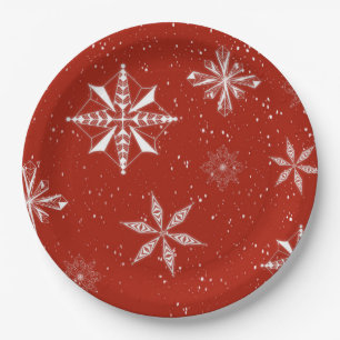 Plato De Papel Nieve blanca sobre lienzo rojo
