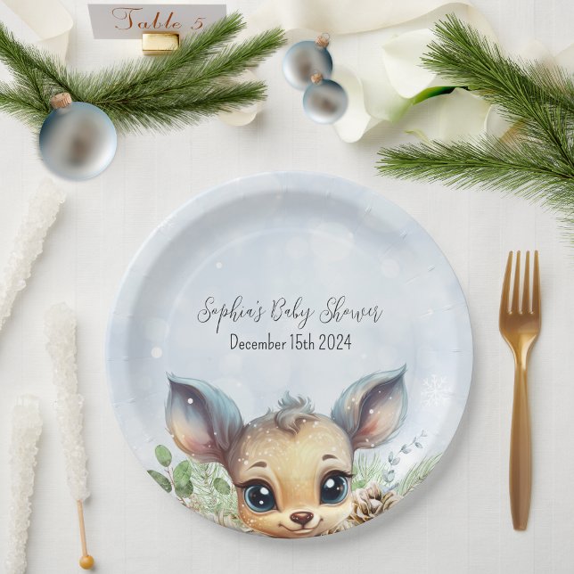 Plato De Papel Nieve de invierno fría fuera del ciervo Baby Showe (Cute Winter Baby Shower Paper Plate with Deer and Snow)