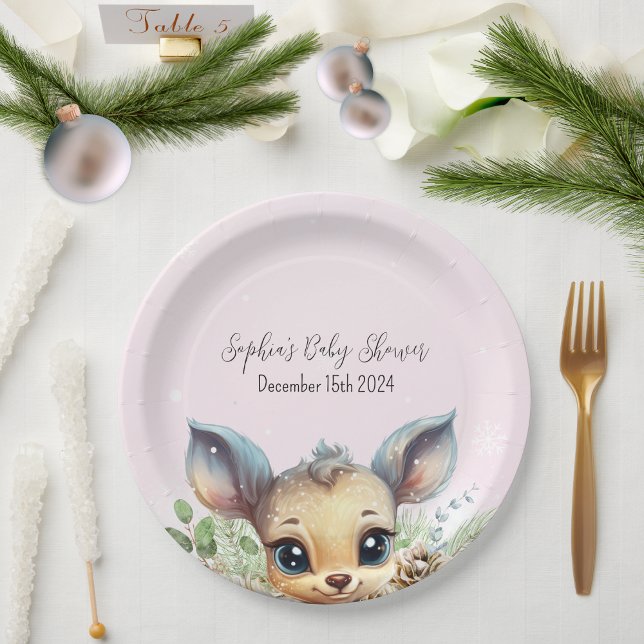 Plato De Papel Nieve de invierno fría fuera del ciervo Baby Showe (Adorable Pink Winter Baby Shower Paper Plate with Cute Deer)