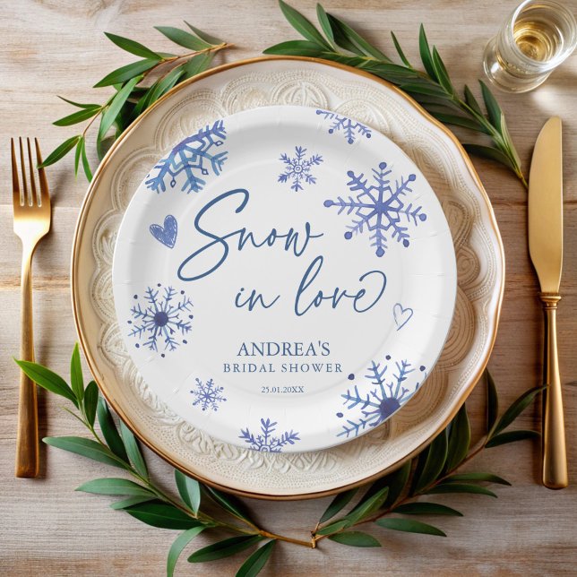 Plato De Papel Nieve en amor copos de nieve invierno ducha de nov (Snow in love snowflakes winter bridal shower monogrammed printed paper plates personalized decor)
