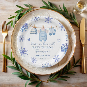 Plato De Papel Nieve en el amor de la ducha de bebé monogramada