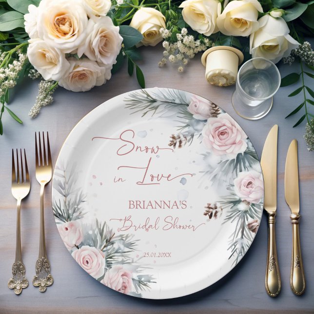 Plato De Papel Nieve enamorada de los pinos nevados ducha nupcial (Snow in love snowy pines roses winter bridal shower personalized paper plates customized table decor)