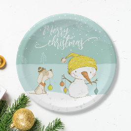 Plato De Papel Nieve y perro en la escena invernal de navidades