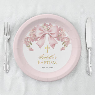Plato De Papel Niña Bautizo Lazo Rosa Floral y Cruz Dorada