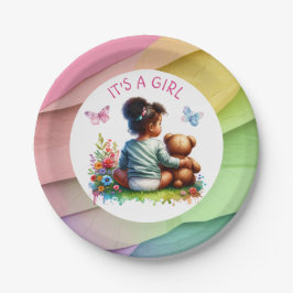 Plato De Papel Niña bebé y su oso de peluche | Es un Chica