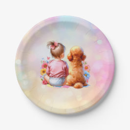 Plato De Papel Niña bebé y un perro canicot