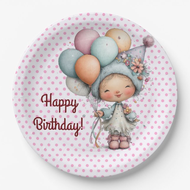 Plato De Papel Niña Con Globos Cumpleaños Infantil  (Anverso)