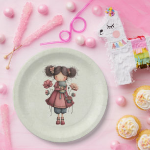 Plato De Papel Niña con muñeca de rana linda y caprichosa