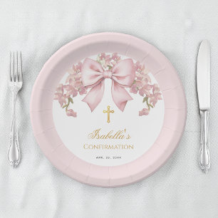 Plato De Papel Niña Confirmación Rosa Lazo Floral Cruz Dorada Fal