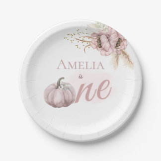 Plato De Papel Niña cumple 1 año Boho Pink Pumpkin