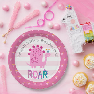 Plato De Papel Niña de dinosaurio rosa graduación de preescolar c