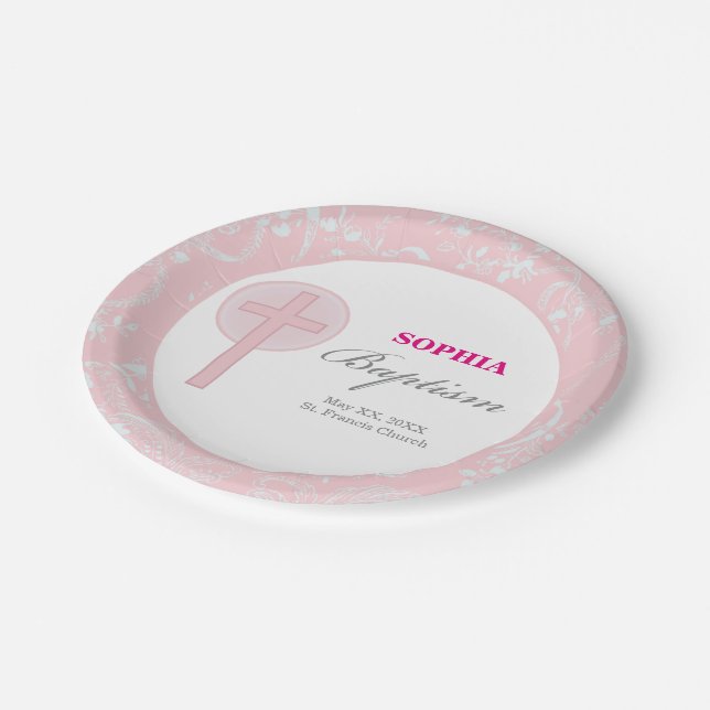 Plato De Papel Niña de Encaje Rosa Bautizo (Angular)