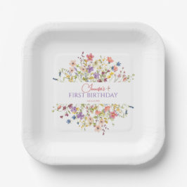 Plato De Papel Niña de flor silvestre de acuarela cumpleaños 1