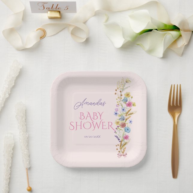 Plato De Papel Niña de flores silvestres ducha rosa (Boda)