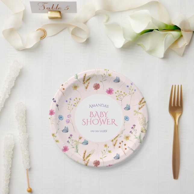 Plato De Papel Niña de flores silvestres ducha rosa (Boda)