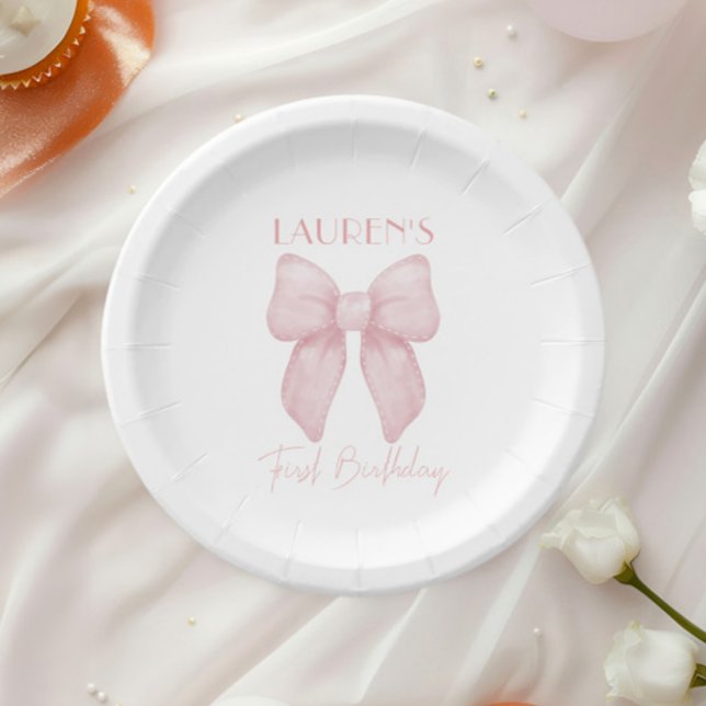 Plato De Papel Niña de primer cumpleaños con lazo rosa (Subido por el creador)