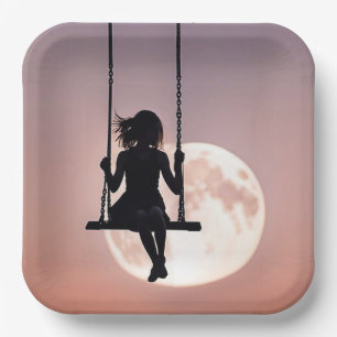Plato De Papel Niña en columpio con luna
