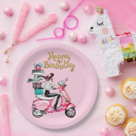 Plato De Papel Niña en Scooter llevando regalos