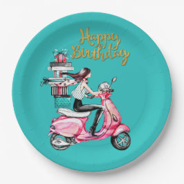 Plato De Papel Niña en Scooter llevando regalos