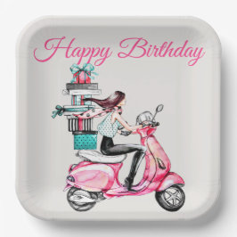 Plato De Papel Niña en un Scooter con Regalos