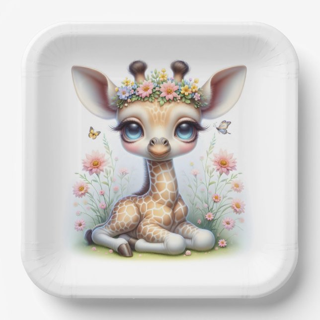 Plato De Papel Niña Giraffe Con Flores Rosa (Anverso)