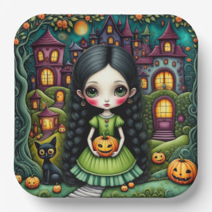 Plato De Papel Niña Gótica Adorable Calabaza Pueblo Halloween