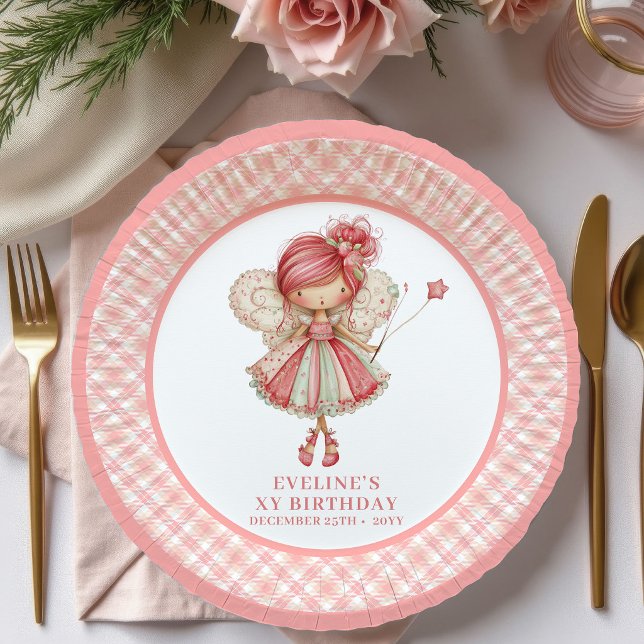 Plato De Papel Niña Hada Linda Cumpleaños 5 Flores Rosadas papel (Cute Fairy Girl 5th Birthday Pink Flowers paper plates)