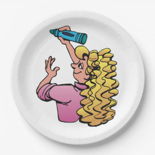 Plato De Papel Niña Juguetona con Crayón