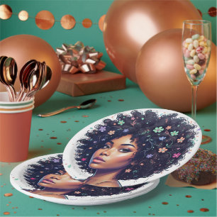 Plato De Papel Niña Negra Adorable Con Corona Floral Afro