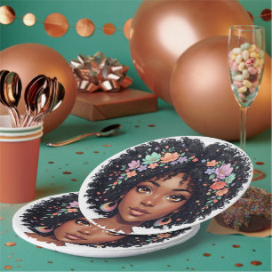 Plato De Papel Niña Negra Adorable Con Corona Floral Afro