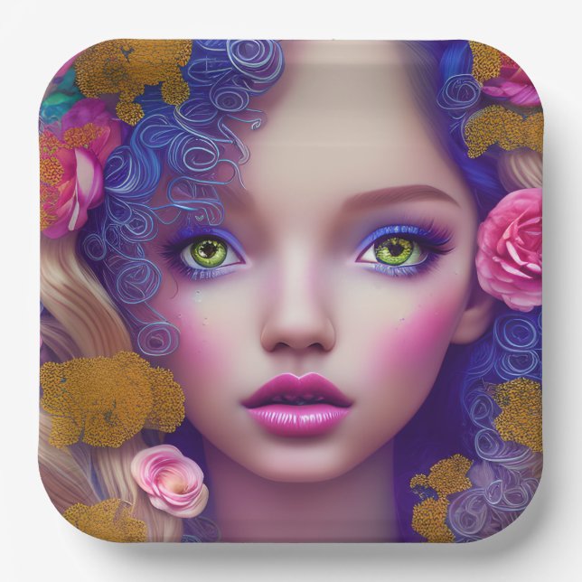 Plato De Papel Niña princesa de flor inspirada en la cultura ucra (Anverso)