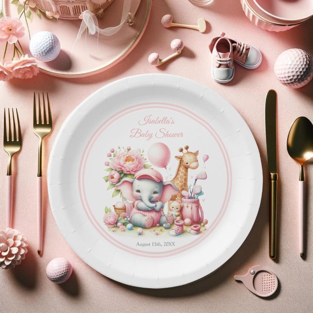 Plato De Papel Niña Rosa Elefante y Giraffe Golf Baby Shower (Have your guest eat off this sweet coordinating baby shower paper plate. )