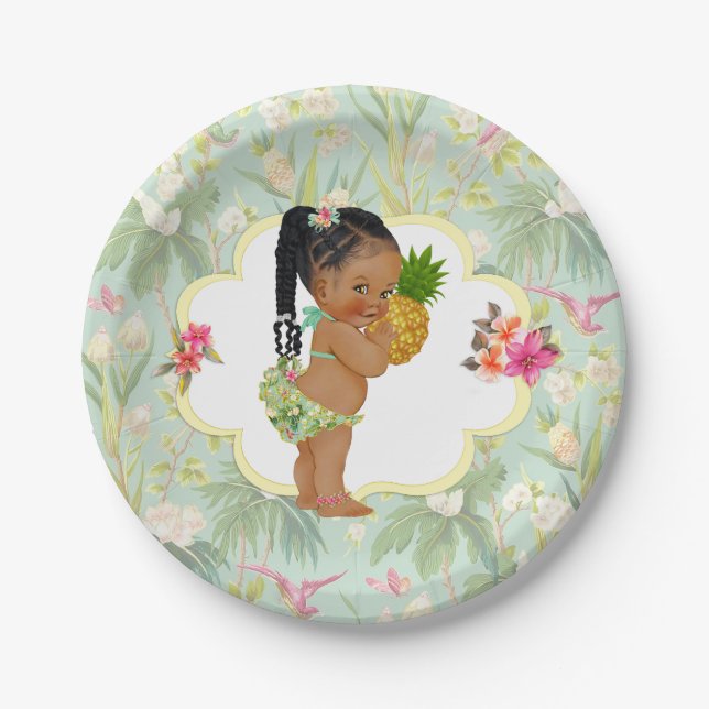 Plato De Papel Niña Tropical Hawaiana Luau Hibiscus Braids (Anverso)