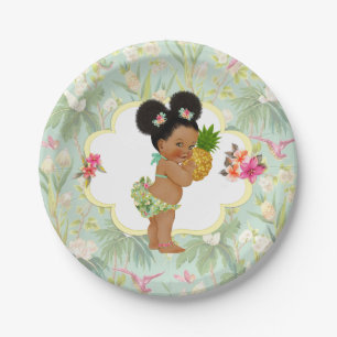 Plato De Papel Niña Tropical Luau Hawaiano Flores de Hibisco Puff