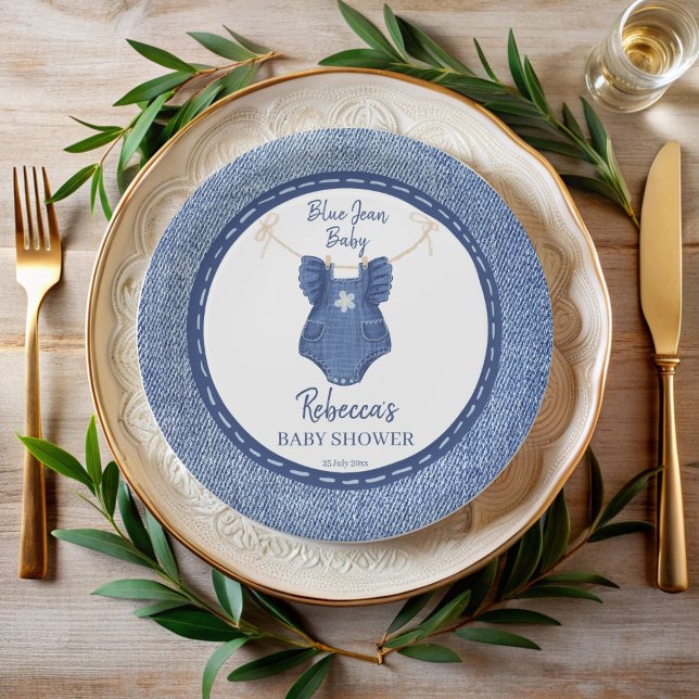 Plato De Papel Niñas de jean azul con ducha de bebé personalizada (Blue jean baby girls denim preppy baby shower monogrammed paper plates personalized table decor)